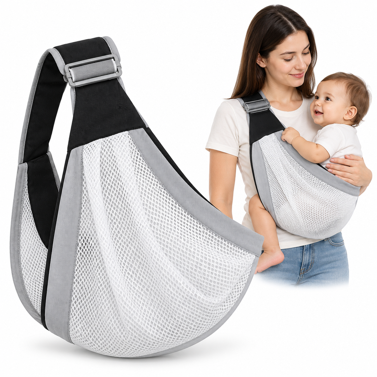 BabyHug mrežasta nosiljka preko jednog ramena i prikaz nošenja