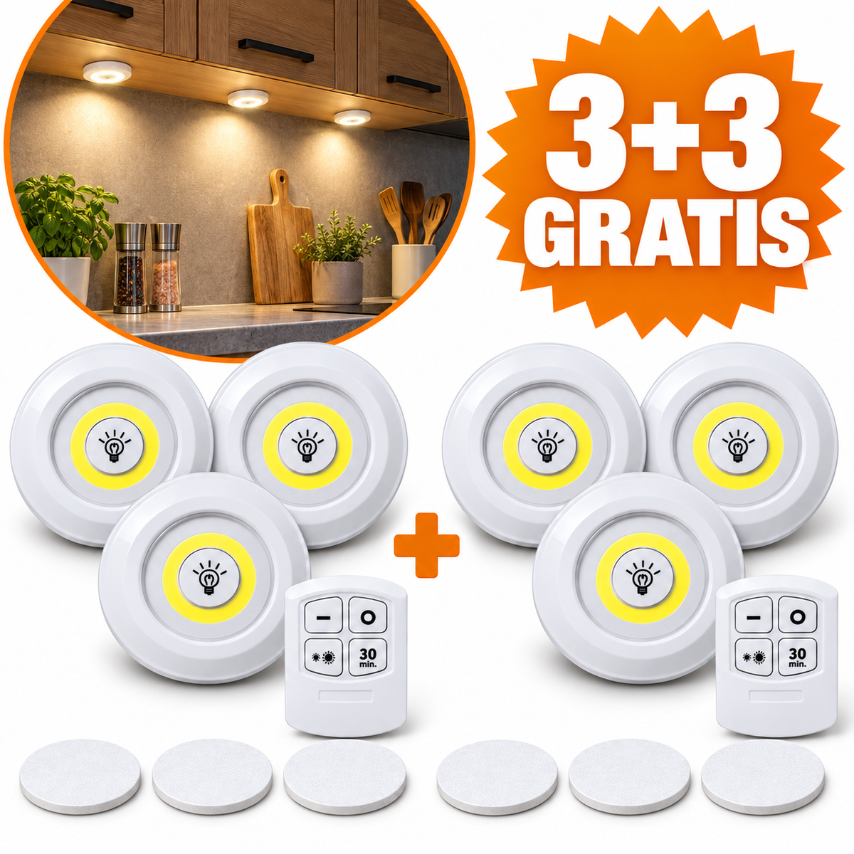 Ponuda 3+3 GRATIS: šest LED lampi, dva daljinska i šest lepljivih traka, sa kružnim prikazom osvetljene kuhinjske radne površine.