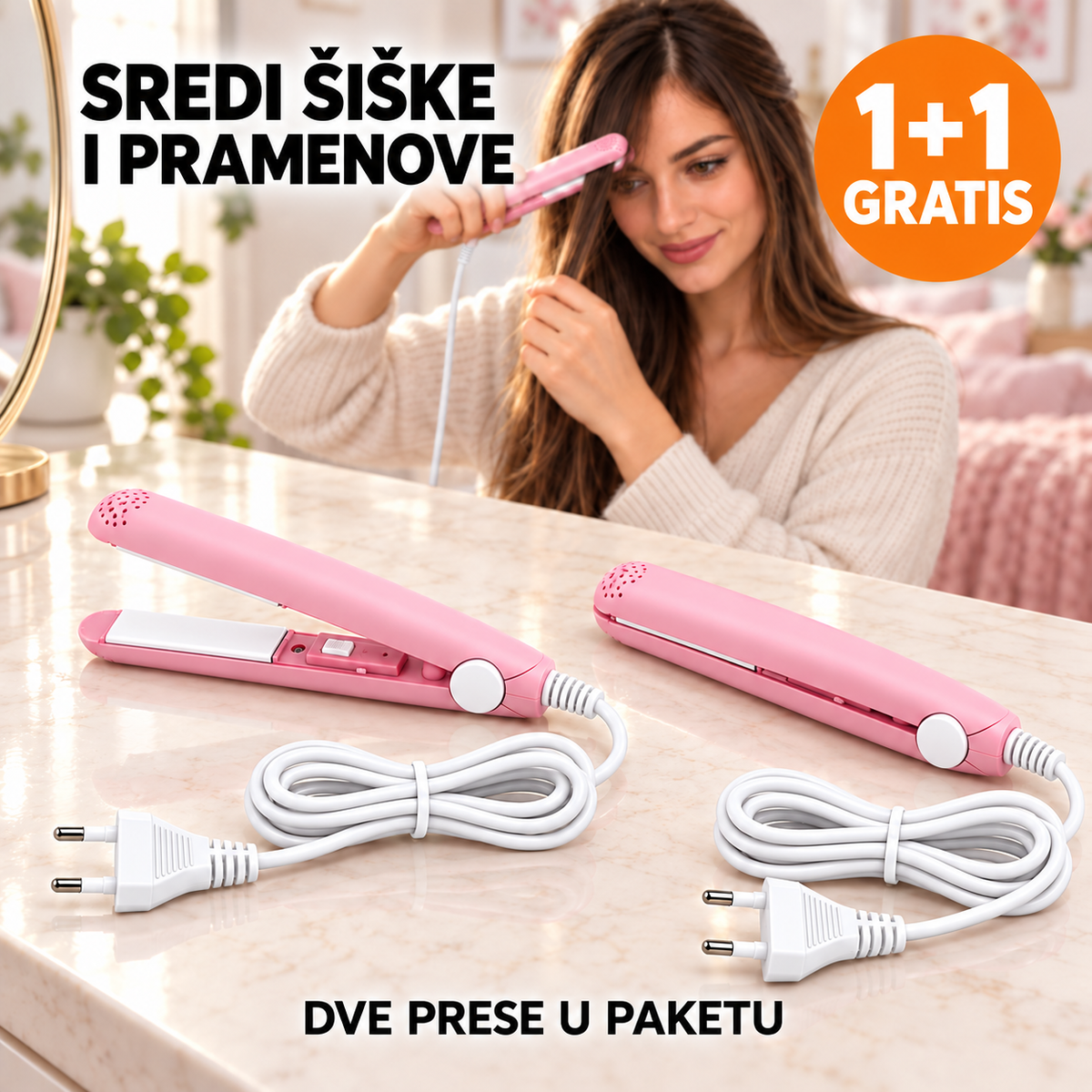 Dve roze mini prese sa belim kablovima i utikačima na stolu – 1+1 gratis
