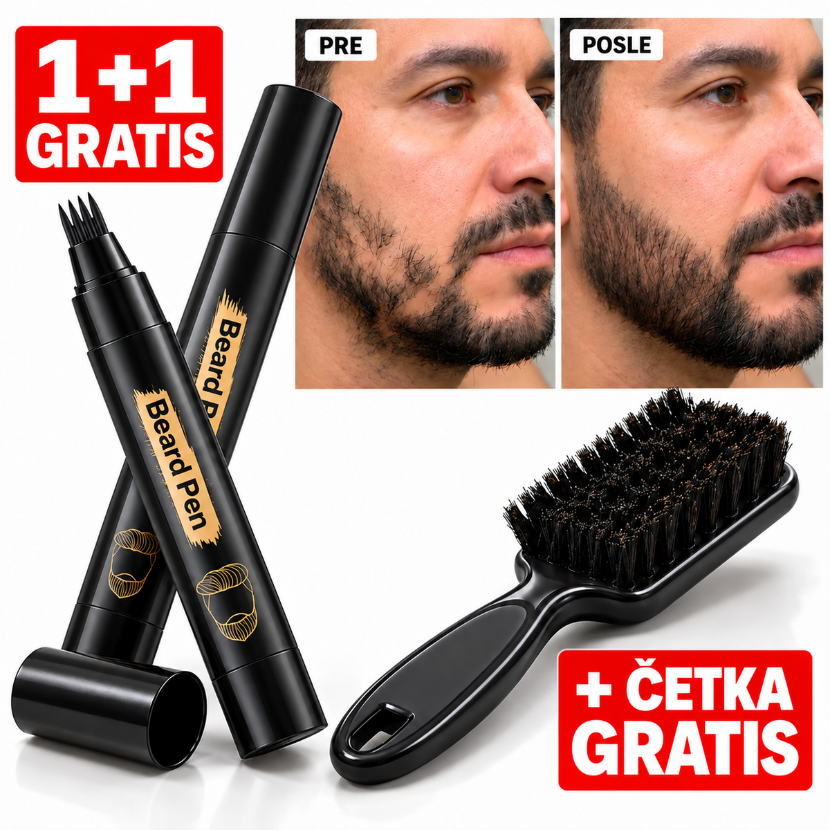 Dve olovke za popunjavanje brade — 1+1 gratis i četka gratis, poređenje pre i posle